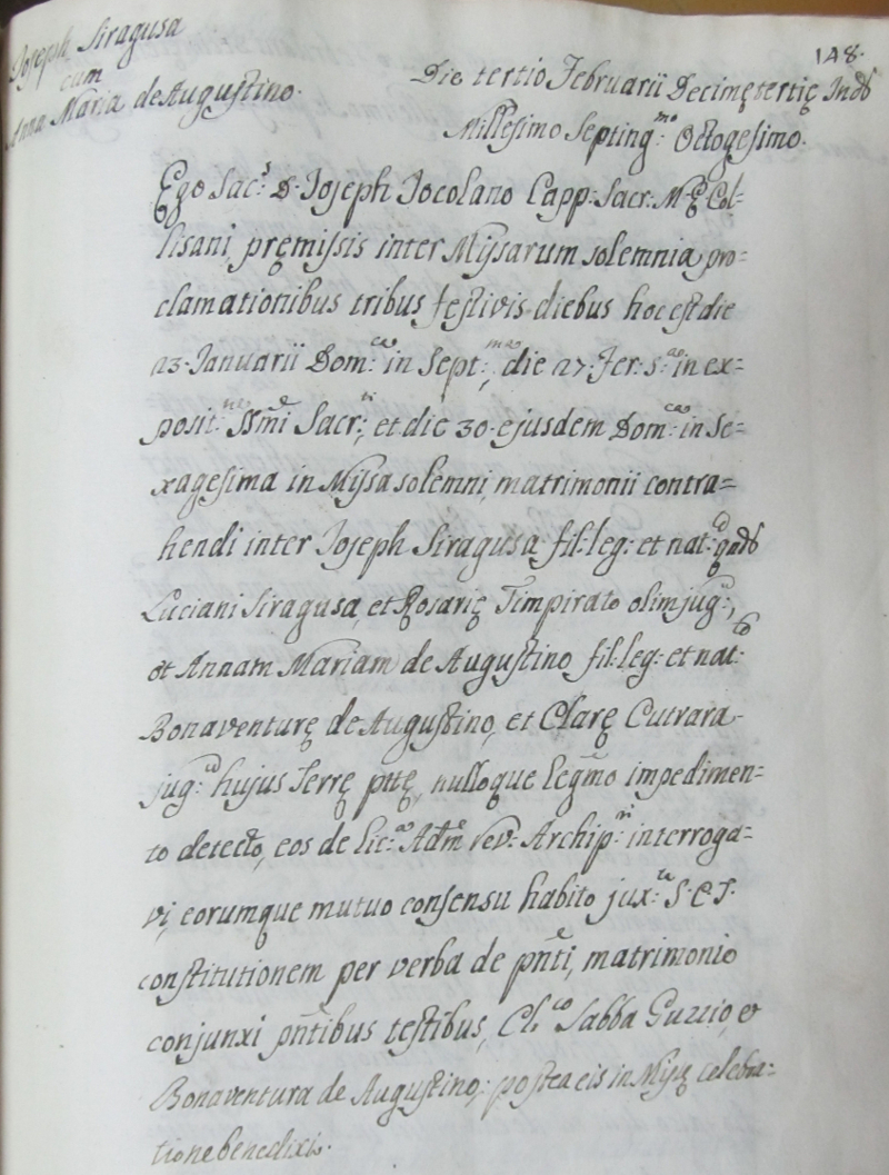 Giuseppe Siragusa marriage to Anna Maria de Augustino, February 3, 1780
